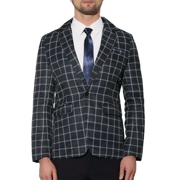 INSPIRE CHIC Men's Blazer Notch Lapel Contrasting Color Checked Pattern Sports Coat L Black