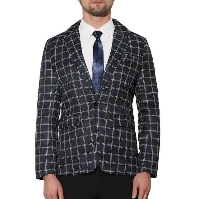 BLAZER CHIC para Hombre con Solapa de Muesca y Patrón de Cuadros en Contraste XL Negro