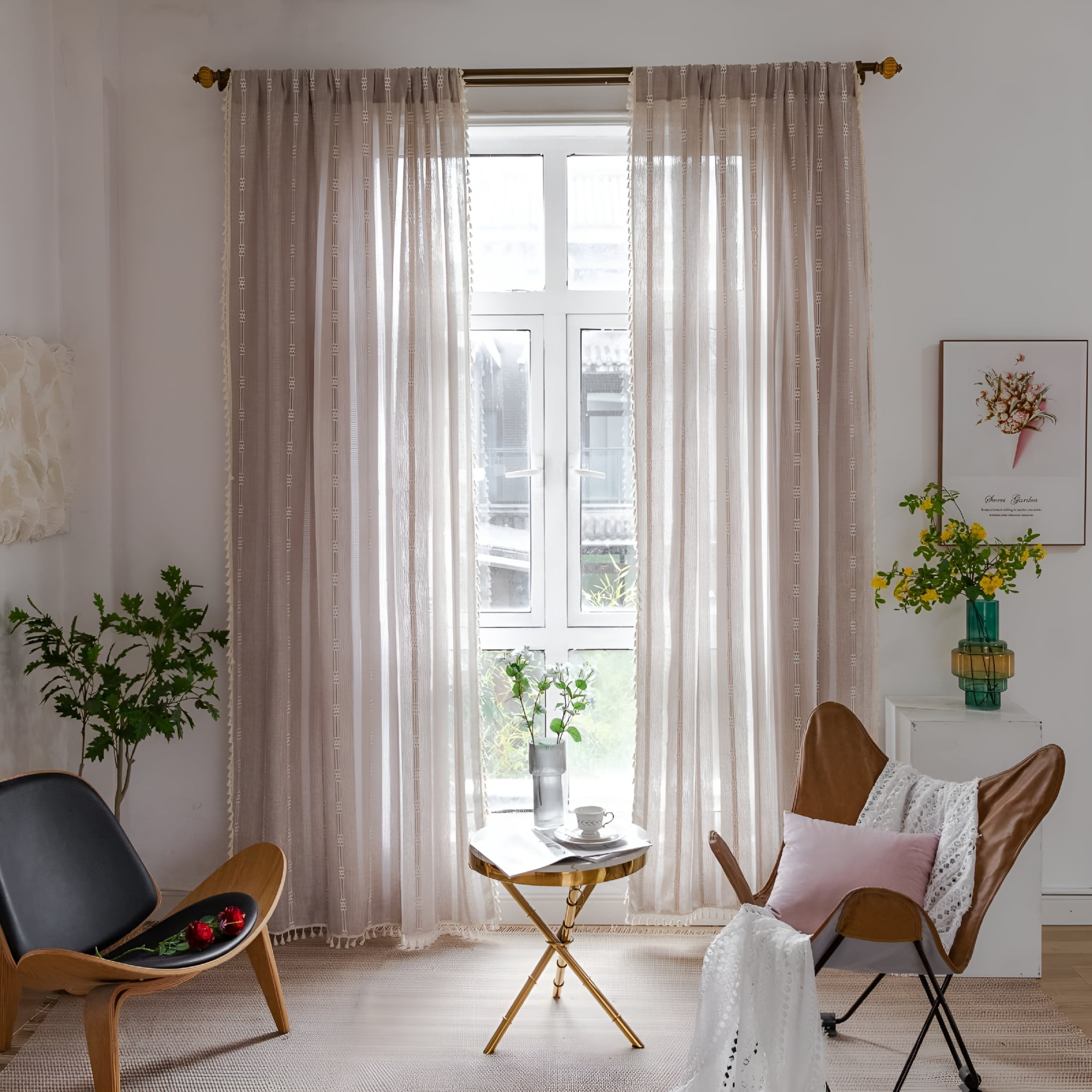 AUQ Linen Curtains Farmhouse Curtains for Living Room Rod Pocket Drapes 52" W X 84" Khaki Long Curtains for Living Room