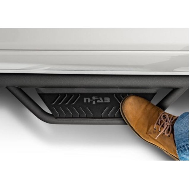 N-Fab Nerf Bar HPD0984CC-TX Podium; With Drop Down Steps; 3 Inch Round Bent; Textured Powder Coated Matte Black Stainless Steel; Welded Vented End Caps; Rocker Panel Mount
