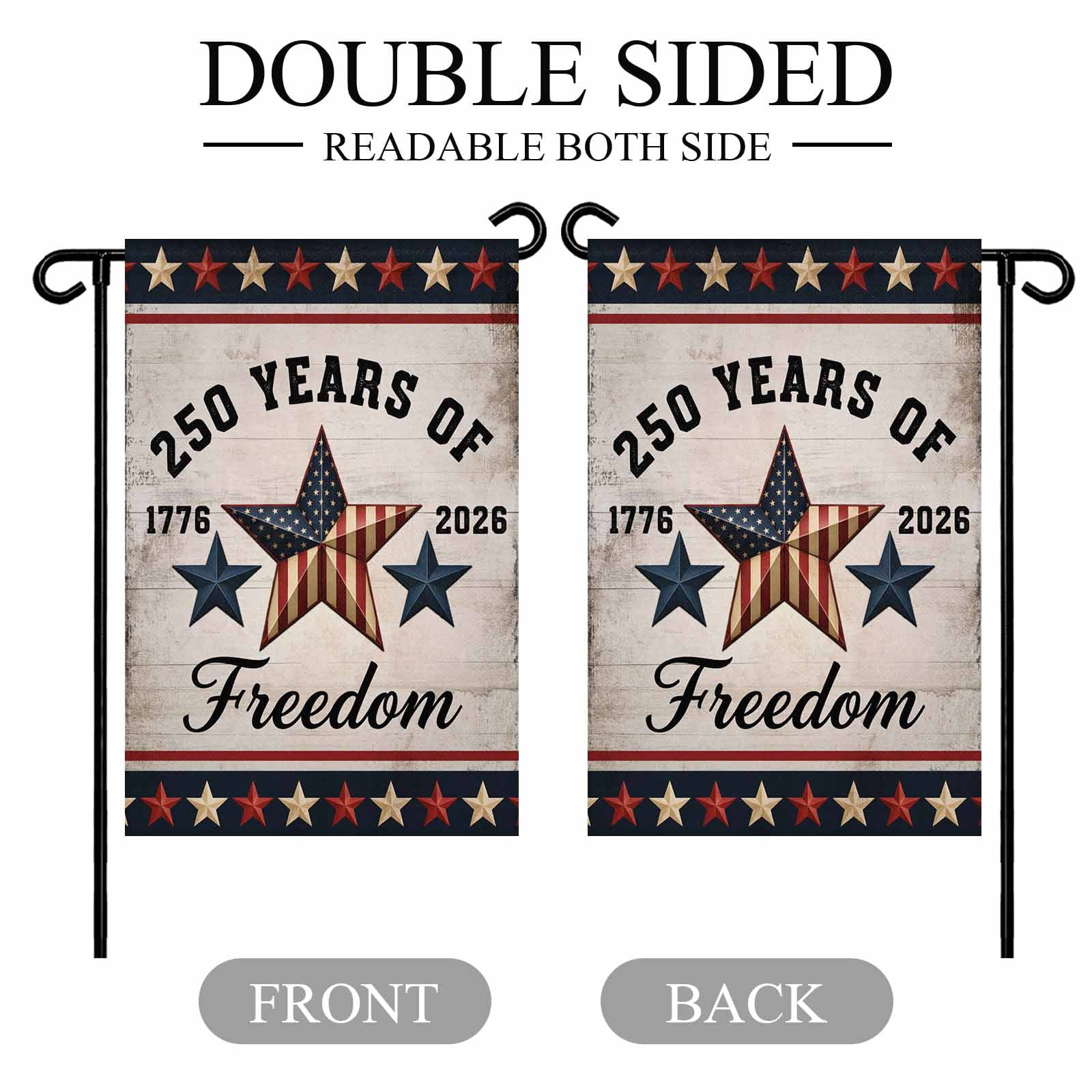 4th of July Garden Flags 250 Years of Freedom Garden Flag Double Sided Welcome Flag Retro Patriotic Stars American Flag Independence Day Yard Flags for Outdoor Lawn Porch Memorial Day 28x40 Inch