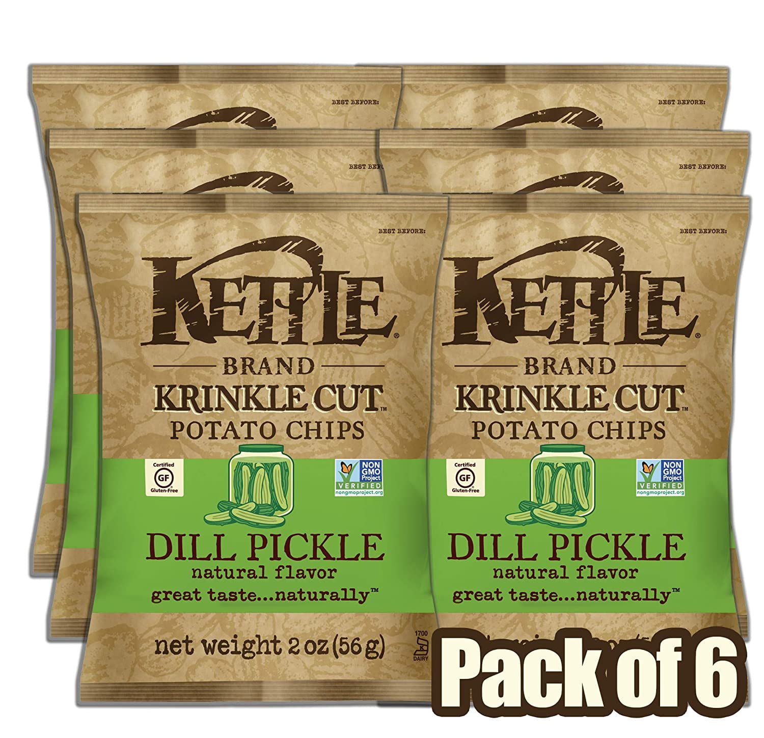 Kettle Brand Potato Chips, Krinkle Cut Dill Pickle, 2 Ounce (Pack of 6