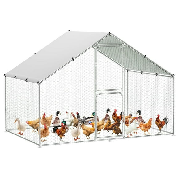 Large Metal Chicken Coop Run with Double Doors & Waterproof Roof Cover, Outdoor Walk-in Cage Peak Hen House for Yard Farm, 9.8' W x 6.5' D x 6.5' H