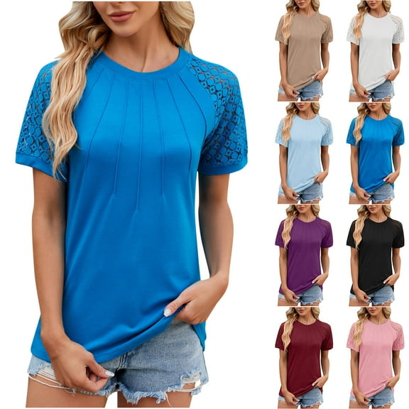 Fesfesfes Tee Women's Solid Round Neck Short Sleeved Lace Top Shirts for Women S(US:4)