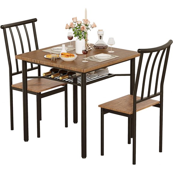 NEILA Dining Table Set, Kitchen Table and Chairs for 2 with Wine Rack, 3 Piece Metal and Wood Square Dining Room Table Set for Small Space, Apartment, Rustic Brown