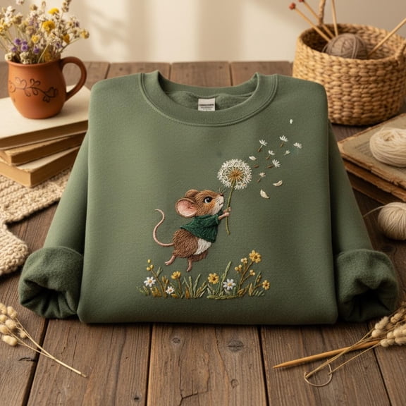Autumn Mouse Embroidered Sweatshirt with Dandelion and Flowers Cozy Fall Design Nature Lover Gift Unisex Crewneck Shirt