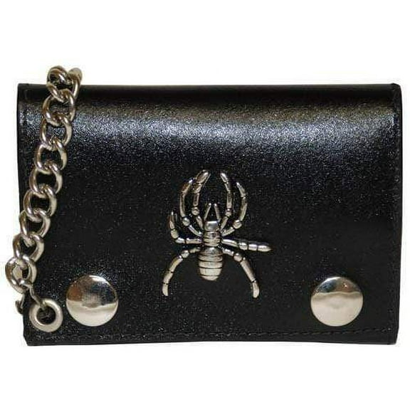 Genuine Leather Trifold Biker Chain ID Card Holder Wallet Spider Logo 1046-16 (C)