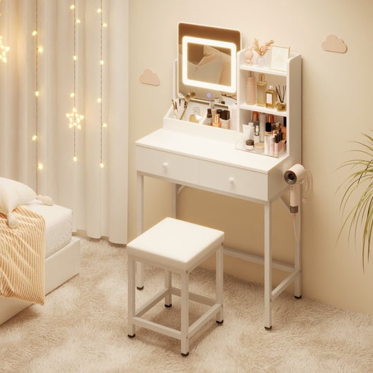 Aiho Makeup Vanity Set with Mirror & Lights, Vanity Desk with 2 Drawers & Storage Shelves, Makeup Vanity , 3 Color Modes & Adjustable Brightness Dressing Table, Bedroom - White
