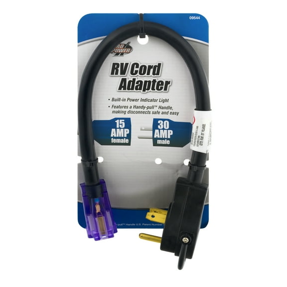 Road Power 14/3 STW 30 to 15-Amp RV Adapter Extension Cord with Lighted End, 18-Inch, Black
