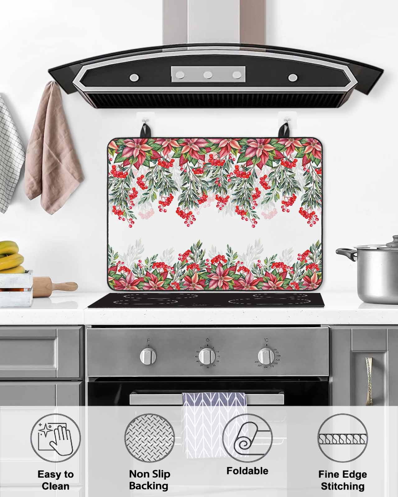 Large Induction Cooktop Protector Mat Red Christmas Stove Top Covers for Electric Stove, Poinsettia Berry Xmas Botanical Decorative Stove Burner Cover Mats, Glass Top Stove Cover