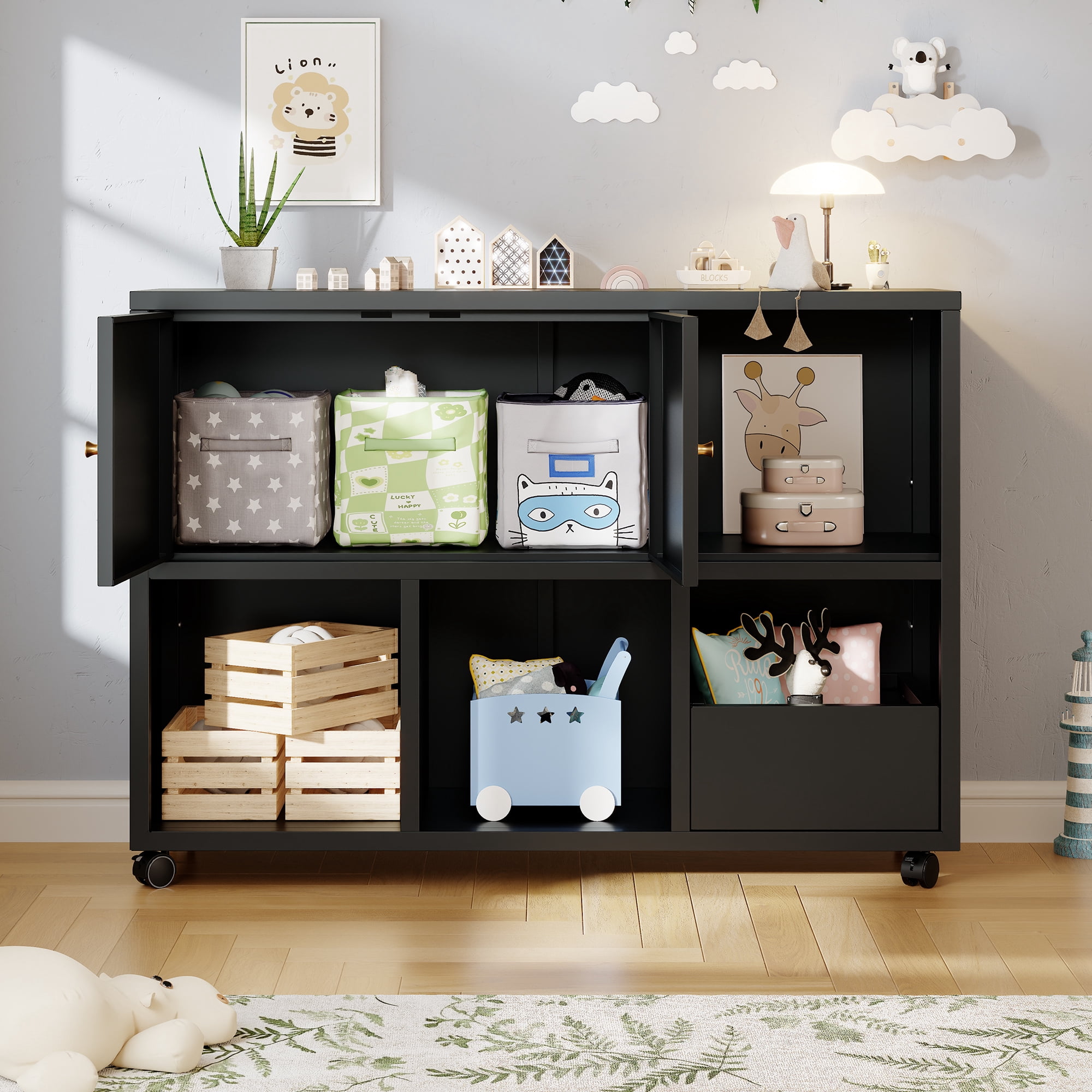 HOQBN Toy Storage Cabinet with 4 Wheels,Cubes Storage Bins Cubes with Open Cubbies & Closed Cabinets,Metal Storage Furniture for Playroom,Living Room,Black