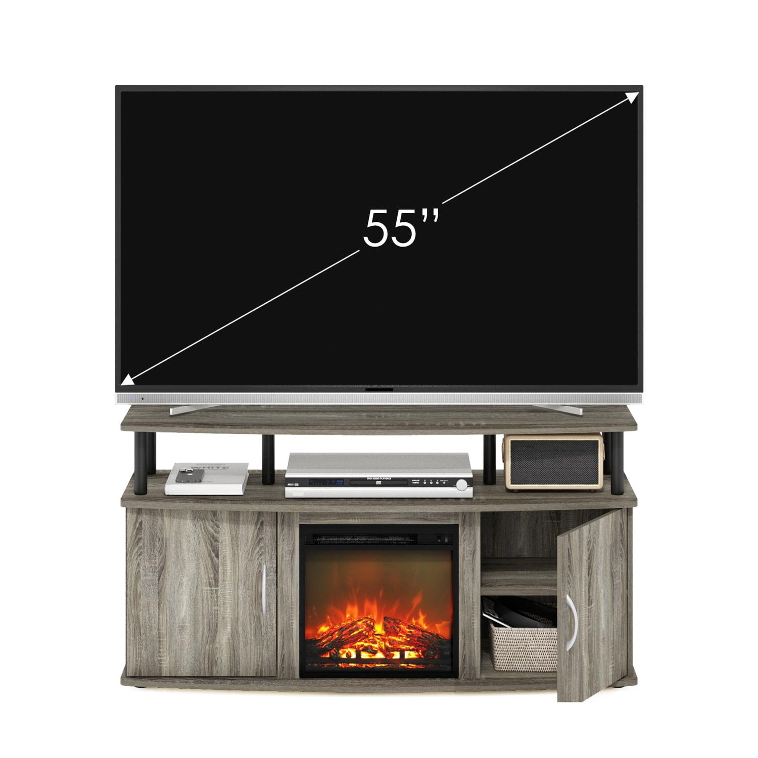 HomeStock Zen Zone Living Room Fireplace Entertainment Center With Doors Storage Cabinet For Tv Up To 55 Inch, French Oak Grey/Black