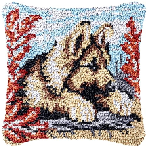 German Shepherds Latch Hook Pillow Kit for Adults Throw Pillow Cover with Printed Canvas DIY Hook Crochet Yarn Needle Craft Easy Handmade Cushion for Home Sofa Decoration 43x43cm