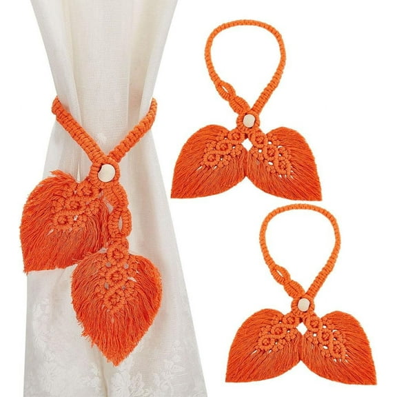 2Pcs Adjustable Natural Wooden Bead Curtain tie Double Leaves Drapery Holdbacks Orange Boho Curtain Tie Backs Hand Knitting Cotton Curtain Holdbacks for Window Decoration DIY