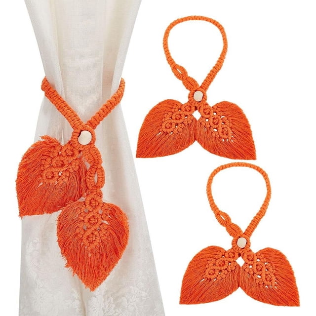 2 alzapaños ajustables de madera natural con cuentas para cortina, con hojas dobles, estilo bohemio, color naranja, de algodón tejido a mano.