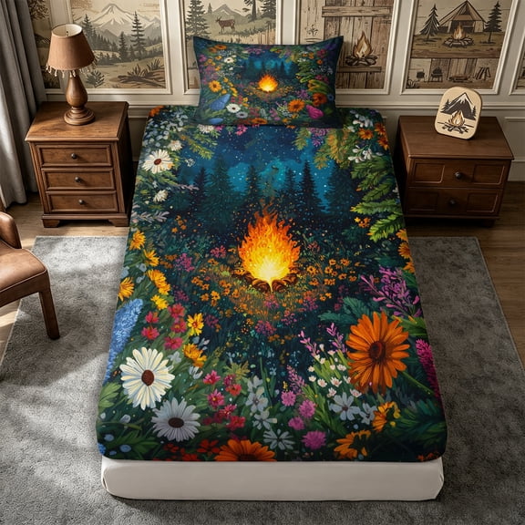 Manfei Adventure Campfire Twin Fitted Sheet 2 Pieces,Jungle Flowers Bedding,Dark Green White,1 Fitted Sheet and 1 Pillowcase