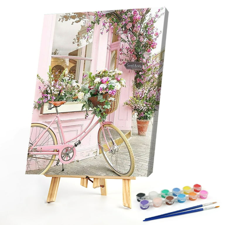 5d Diamond Painted Pink Bicycle And Eiffel Tower Floral Landscape