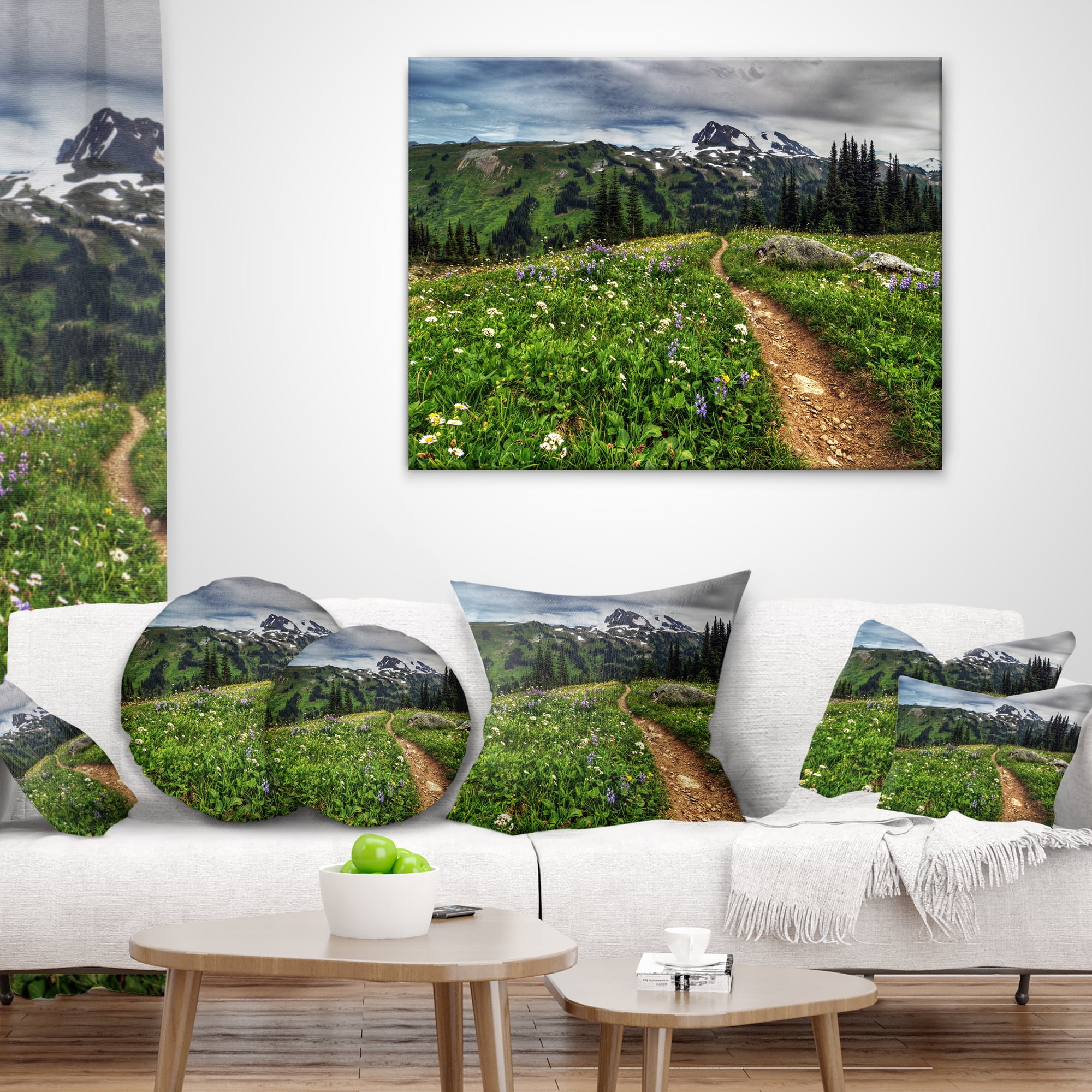 Designart Path Through Flowering Fields - Landscape Printed Throw Pillow - 16x16