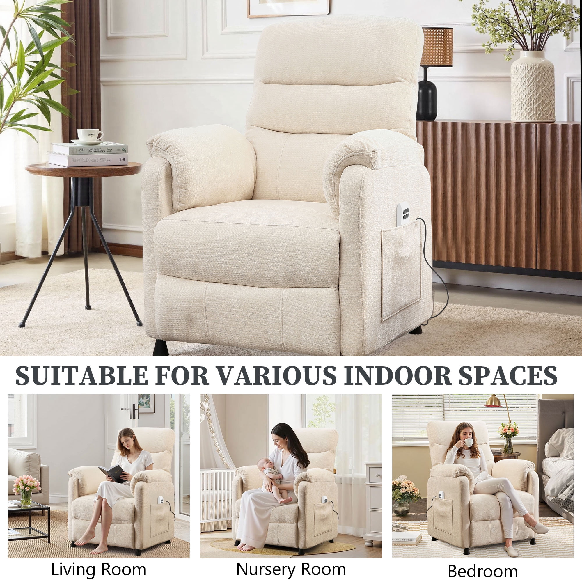 Electric Power Recliner Chair, Modern Chenille Fabric Recliner with Side Pocket & Remote, Nursery Recliner Chair for Living Room Small Space, Beige