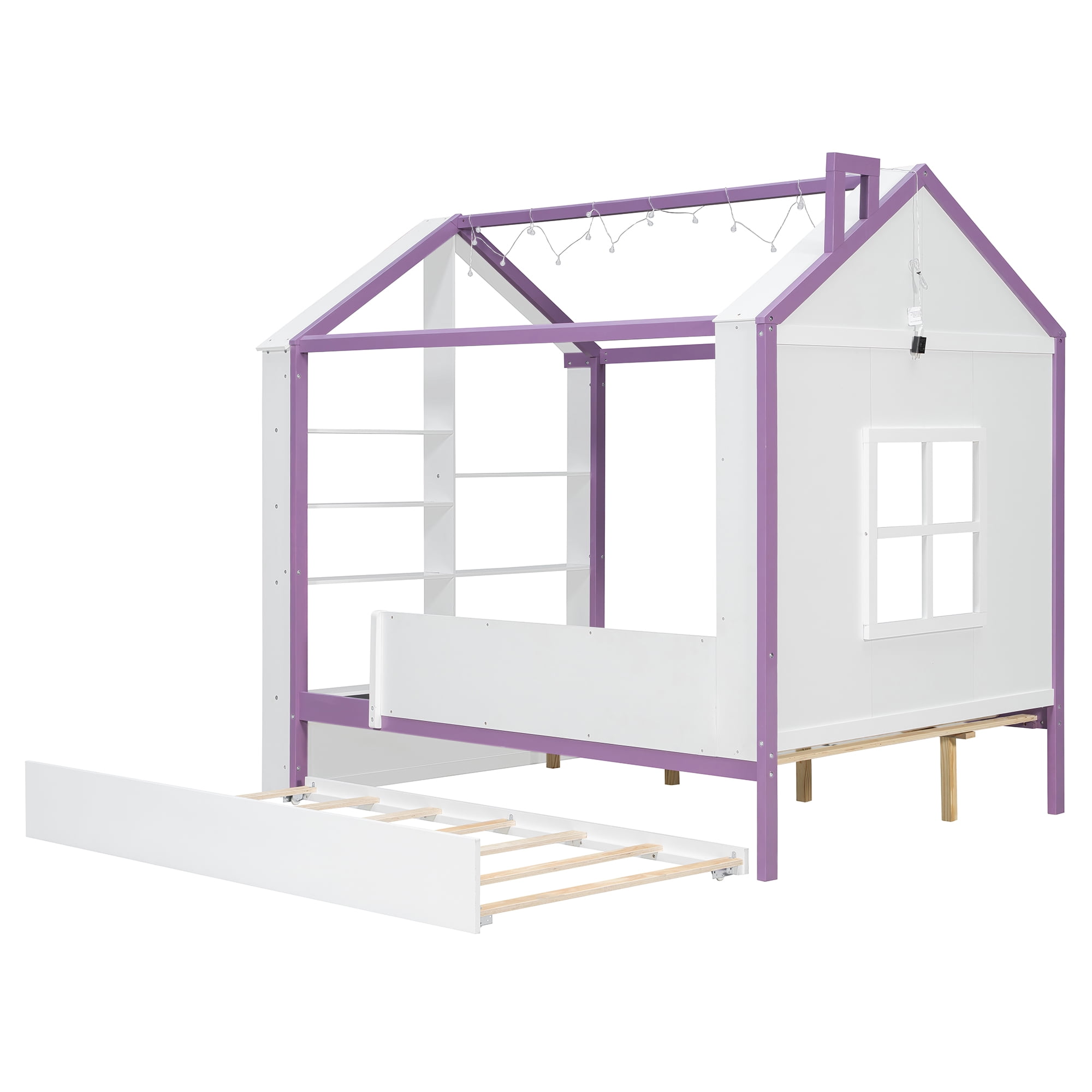 Full Size House Bed Frame with Pull-Out Trundle, Tail End Storage Shelves and Cool White LED Lights, White+Purple