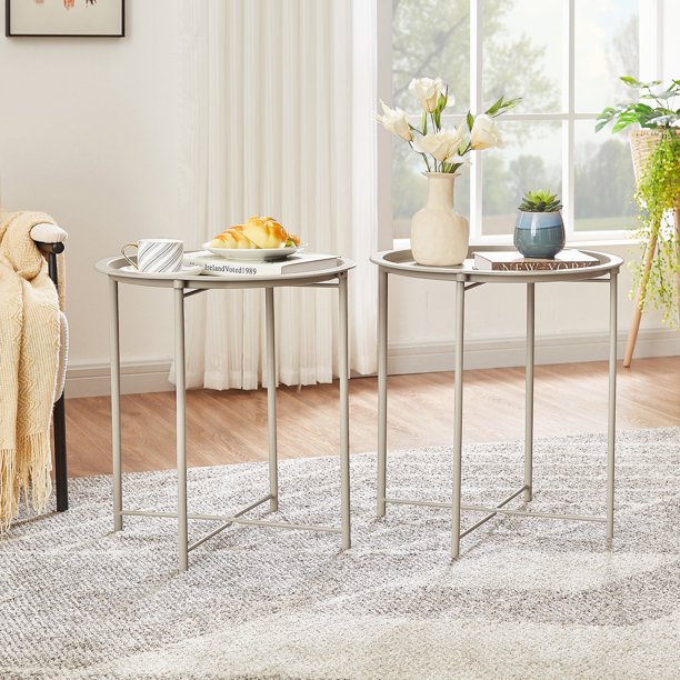VECELO Set of 2 Folding Tray Metal Side Table, Round Sofa Side End