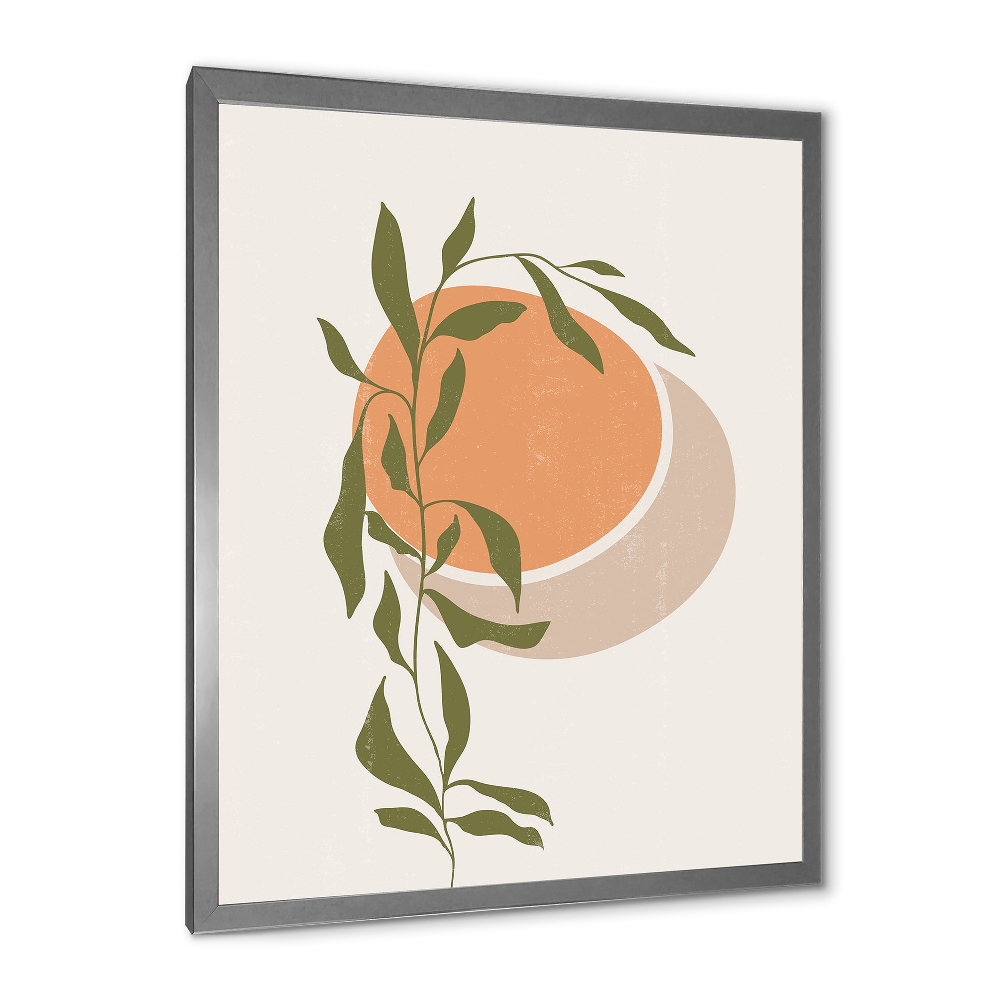 Designart 'Abstract Orange Moon and Sun With Tropical Leaf' Modern Framed Art Print