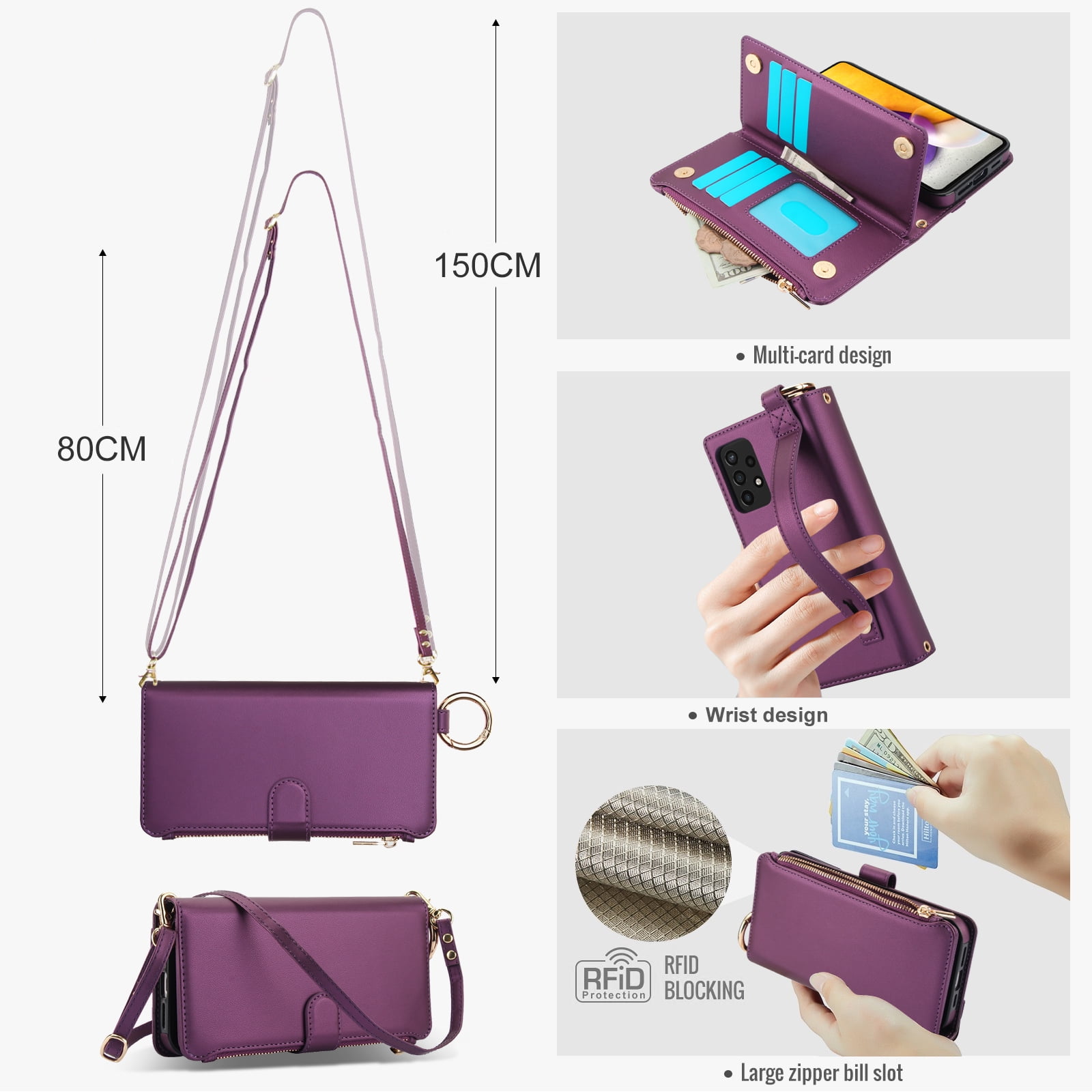 ELEHOLD For Samsung Galaxy A53 5G Phone Case Leather Crossbody Zipper Card Wallet Flip Case Kickstand Cover, with Ring Holder,Full Body Protection-Deeppurple
