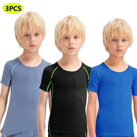1/3-Pack Youth Boys Compression Shirt Football Undershirt Short Sleeve Athletic Shirts Sports Soccer Workout Base Layer Top for Kids Big Boy 5-12 Years