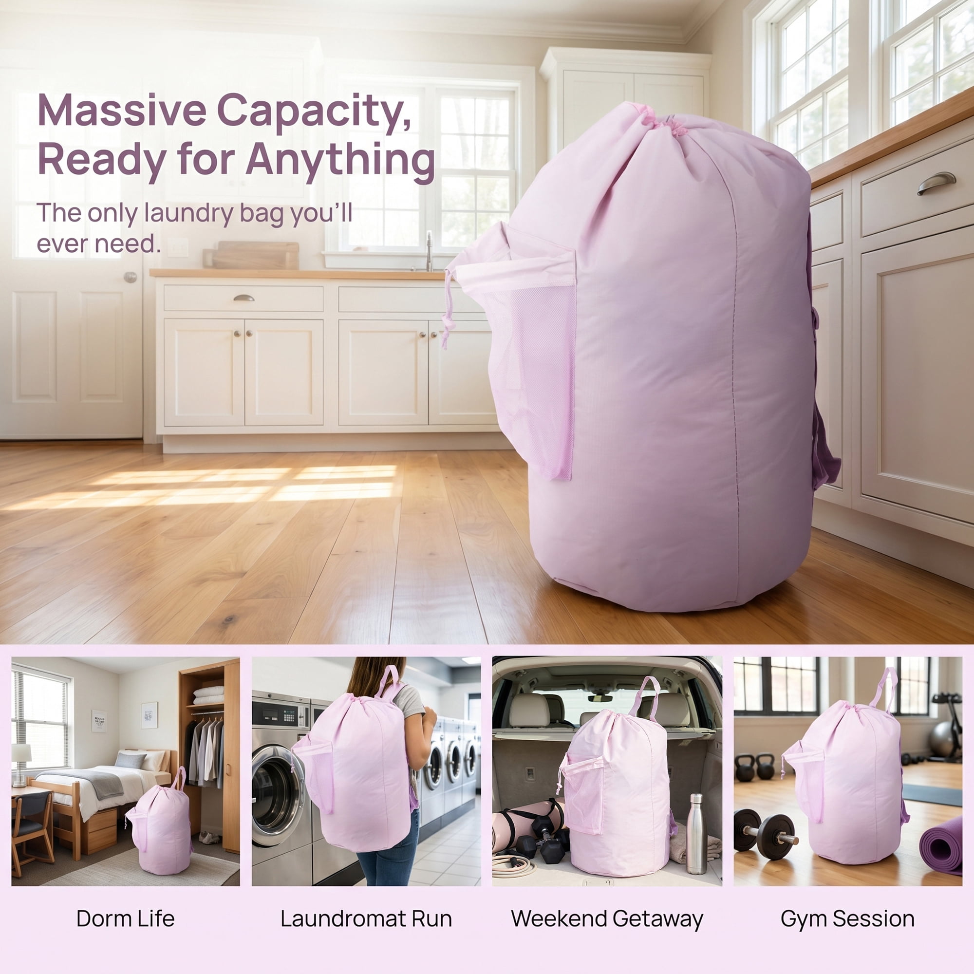 Unique Bargains Polyester Laundry Backpack with Wet Pocket Laundry Bag Pink