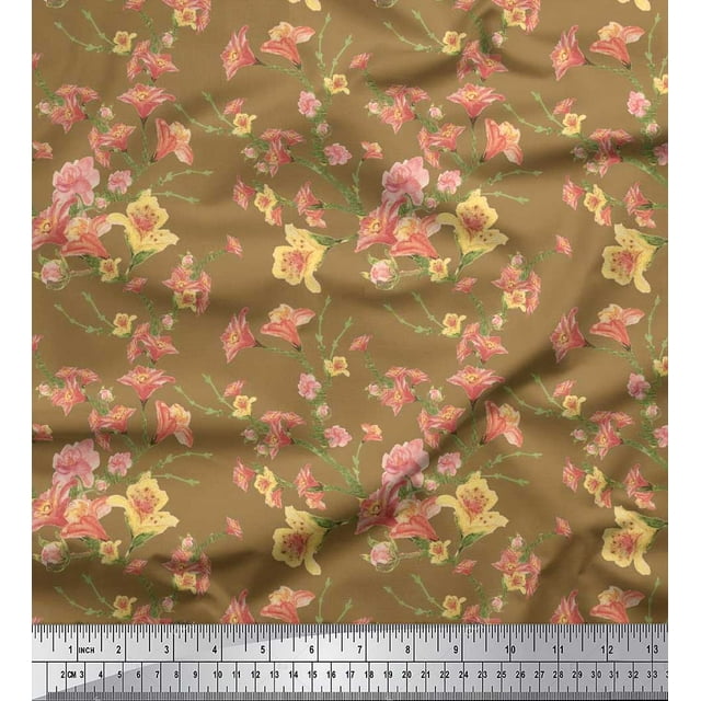 Soimoi Tissu en Coton Brun Canard Feuilles & Azalée Imprimé Floral 1 Yard 56 Pouces de Large
