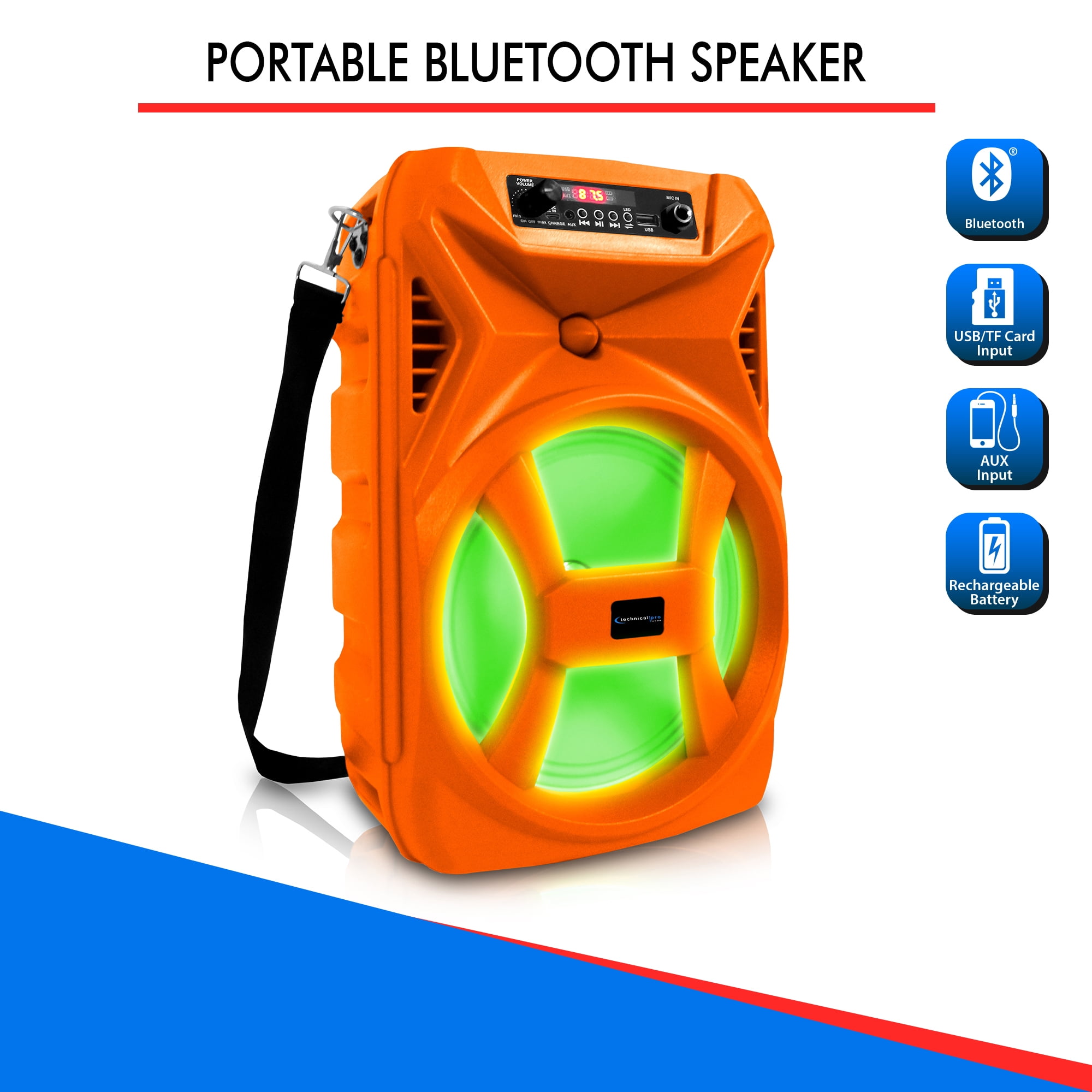 Technical Pro 8" Portable 500 Watts Bluetooth Speaker with Woofer and Tweeter, Festival PA LED Speaker, USB Card Input & True Wireless Stereo