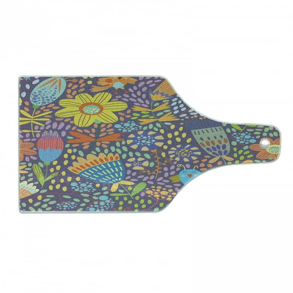 Whimsical Cutting Board, Colorful Spotty Pattern with Lively Blossoms Singing Happy Birds Fantasy, Decorative Tempered Glass Cutting and Serving Board, Wine Bottle Shape, Multicolor, by Ambesonne