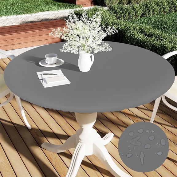 Scheam 1 Pcs Outdoor Round Table Cover,48 inch Waterproof Elastic Tablecloth,Fitted Table Top Cover,Wipeable Plastic Table Cloths,for Picnic Camping Party, Gray