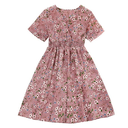 

Girls Child Short Sleeve Flowers Prints V Neck Summer Beach Sundress Party Dresses Princess Dress Dresses for A Dance for School Kids Glitter Dress for Girls