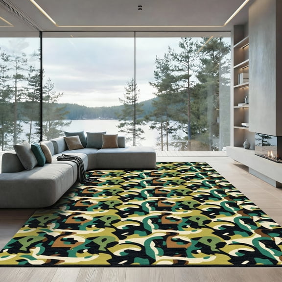 ODIKA 4'x6' Machine Washable Non-Slip Area Rug, Rustic Olive Green High Traffic Rug, Green, 1100495