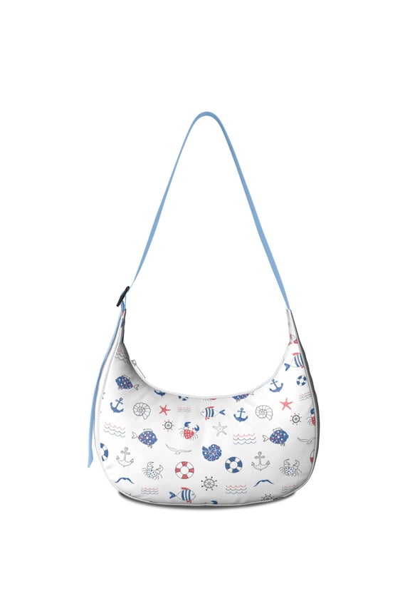 Coastal Travel Handbag for Women  Water-Resistant Nylon Purse with Nautical Anchor, Boat & Lighthouse Print, Lightweight Adjustable Crossbody Bag with Large Capacity & Durable Stitching
