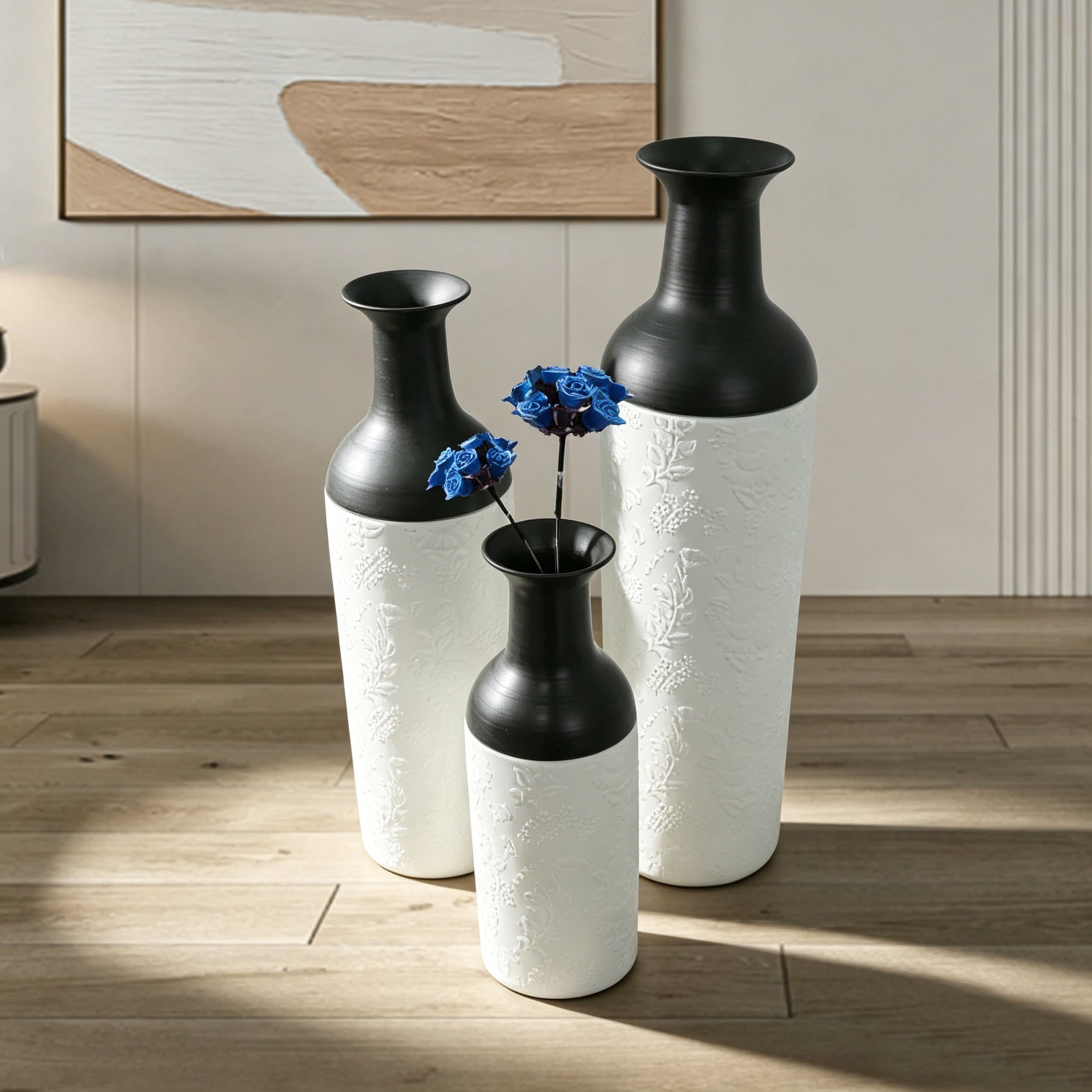 Noble House Set of 3 Decorative Metal Floor Vases, Tall Floral Pattern Vases for Home Decor, Black+White