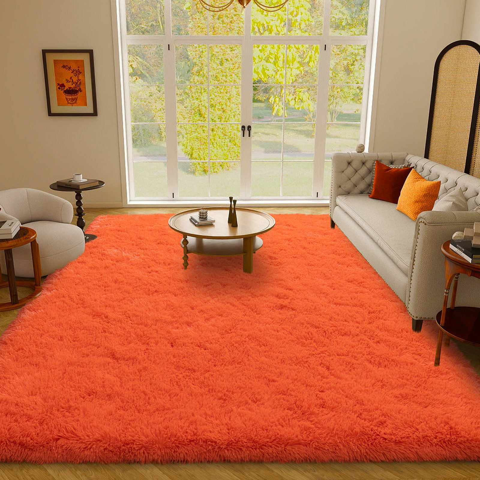 SARAG Indoor Outdoor Rugs 4x6ft Area Rugs For Living Room, Large Fluffy Black Rugs For Bedroom, Soft Carpet Shag Kids Room Rug, Non-Slip Stickers Rugs Indoor Orange