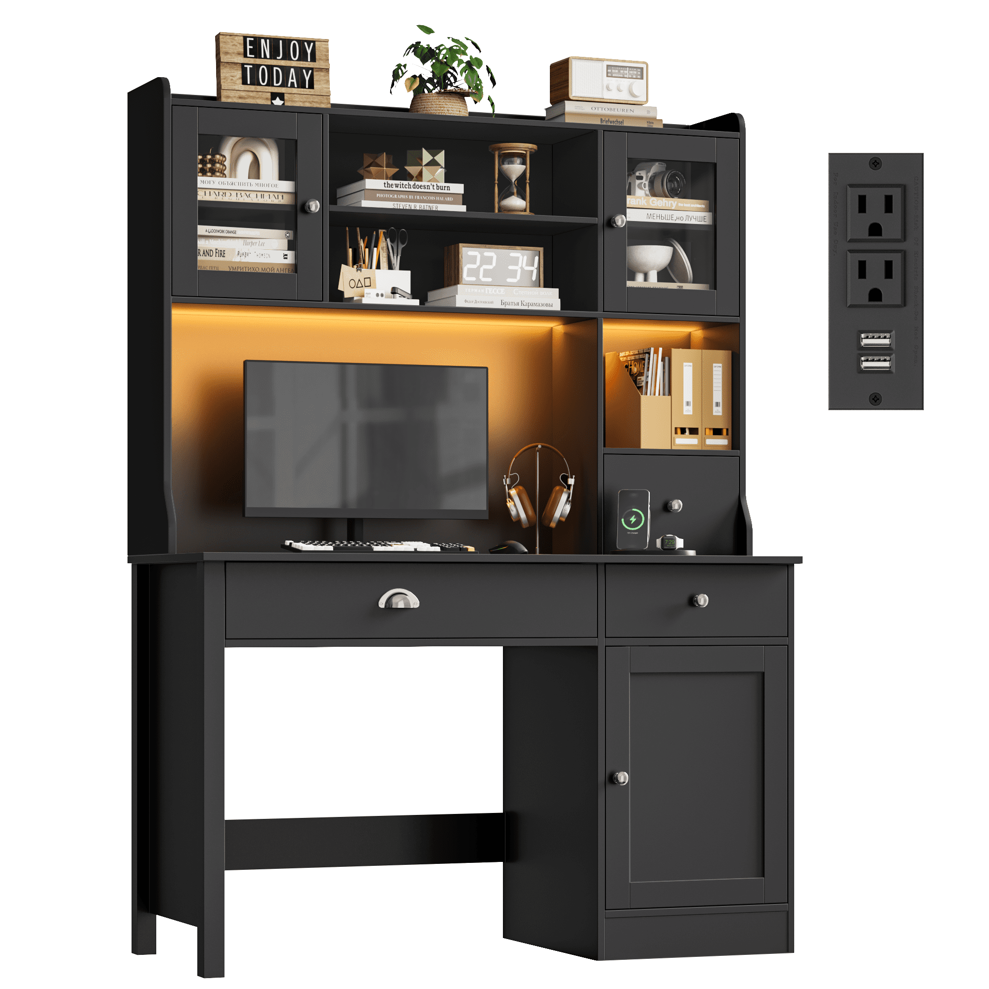 Homfa Executive Desk with Hutch & Power Outlets & LED Lights, Wood Writing Study Table, Home Office Computer Desk with Adjustable Shelves and Drawers, Black
