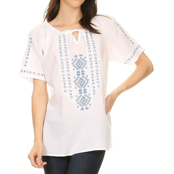 Sakkas Lena Cross Stitch Embroidered Short Sleeve Casual Top Blouse - White / Blue - 1X