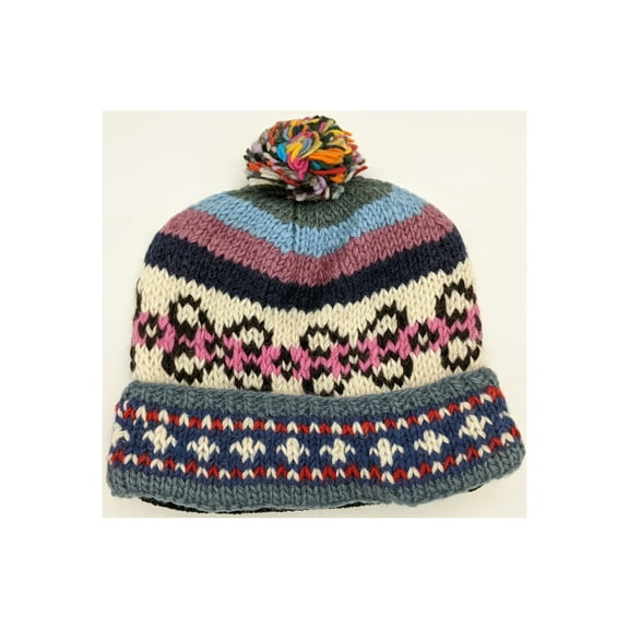 Rainbow Pom Handwoven Skiing Pure Wool Hat with Multicolored Pom