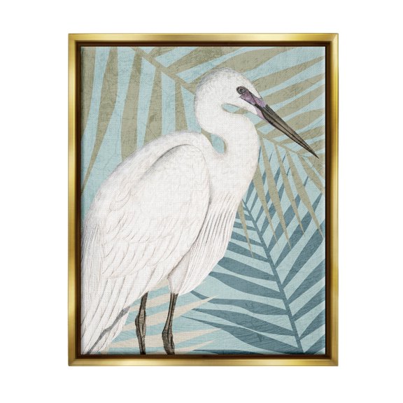 Tropical Egret Botanical Leaves Animals & Insects Graphic Art Metallic Gold Framed Art Print Wall Art