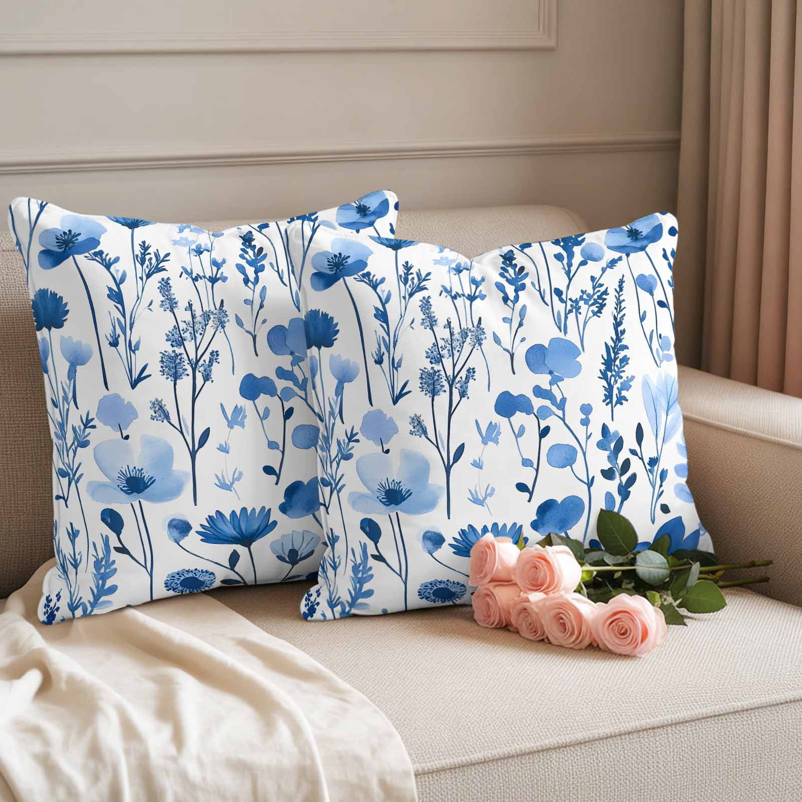 Spring Watercolor Pillow Covers 2 Pack Blue Flower Leaves Floral Pillowcase Waterproof Outdoor Throw Pillow Cover for Patio Garden Square Cushion 20”x20”