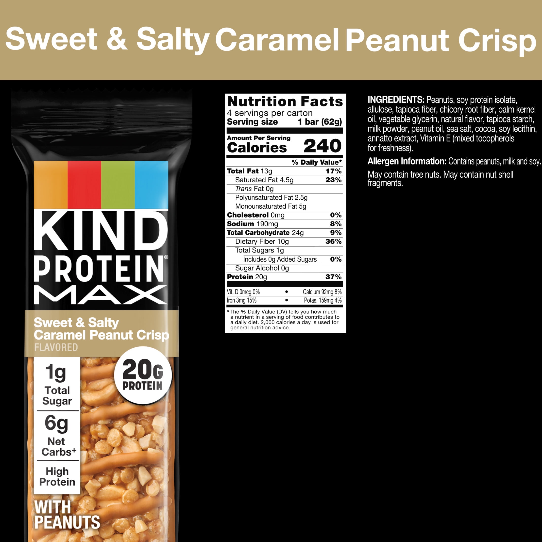 (6 pack) KIND, Gluten Free, Protein MAX Sweet & Salty Caramel Peanut 20 gram Protein Bars 4 Count  Cardboard Box