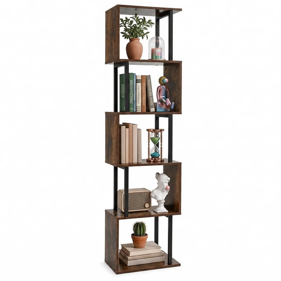 Costway 1 PCS S-Shaped Bookshelf, 5-Tier Geometric Bookcase Corner Display Shelf for Office Rustic Brown