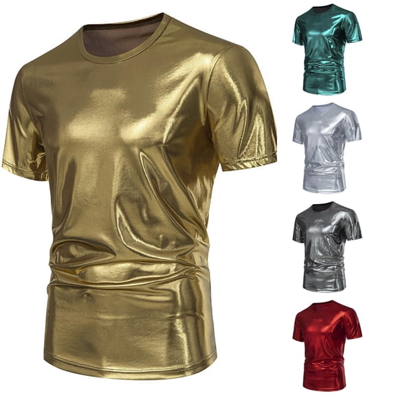 Zylarhe Mens Tshirt, Mens Fashion Party Stage Glossy Short Sleeved Round Neck Blend Tee Shirt For Evening Wear Out Gold XXL