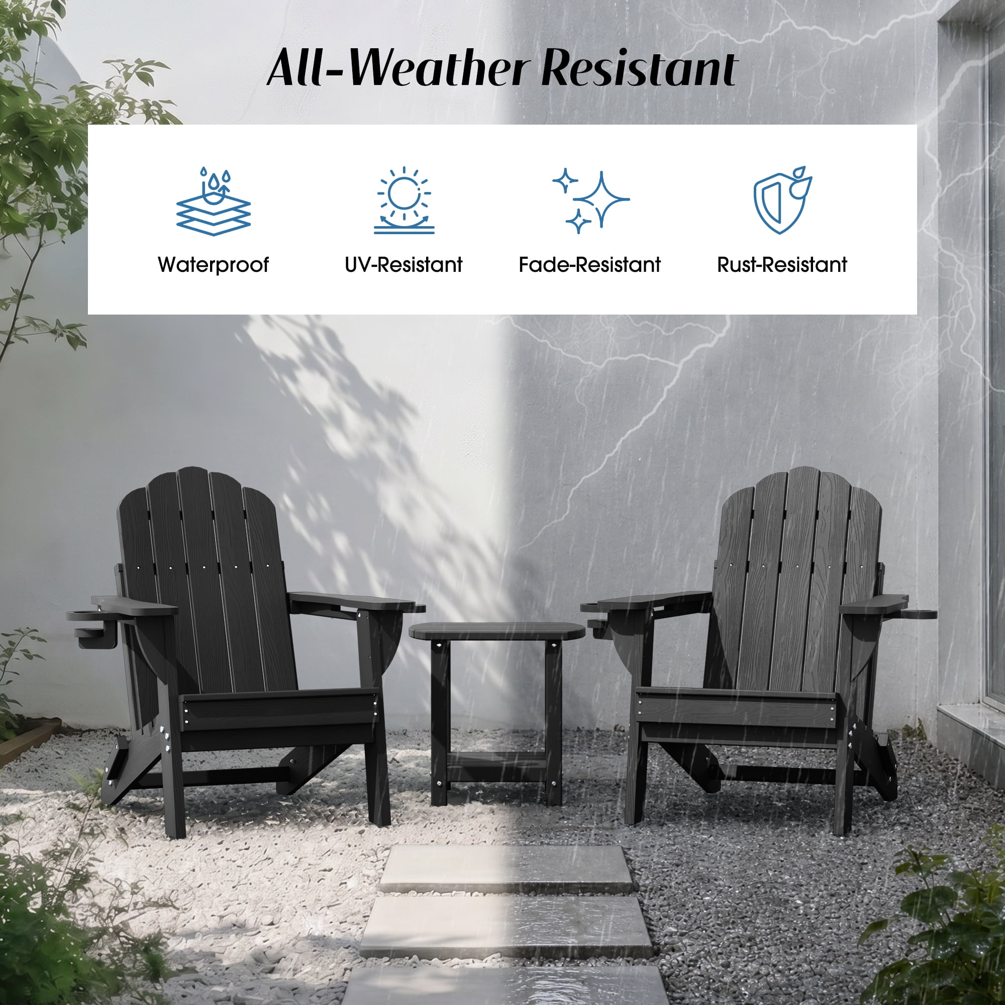 Folding Adirondack Chair, All-Weather HDPE Patio Chair with Cup Holders, Black