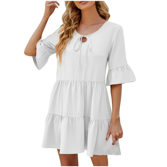 Jalioing 3/4 Sleeve Dress Womens Summer Mini Dresses Hollow-Out Crew Neck Casual Sundress