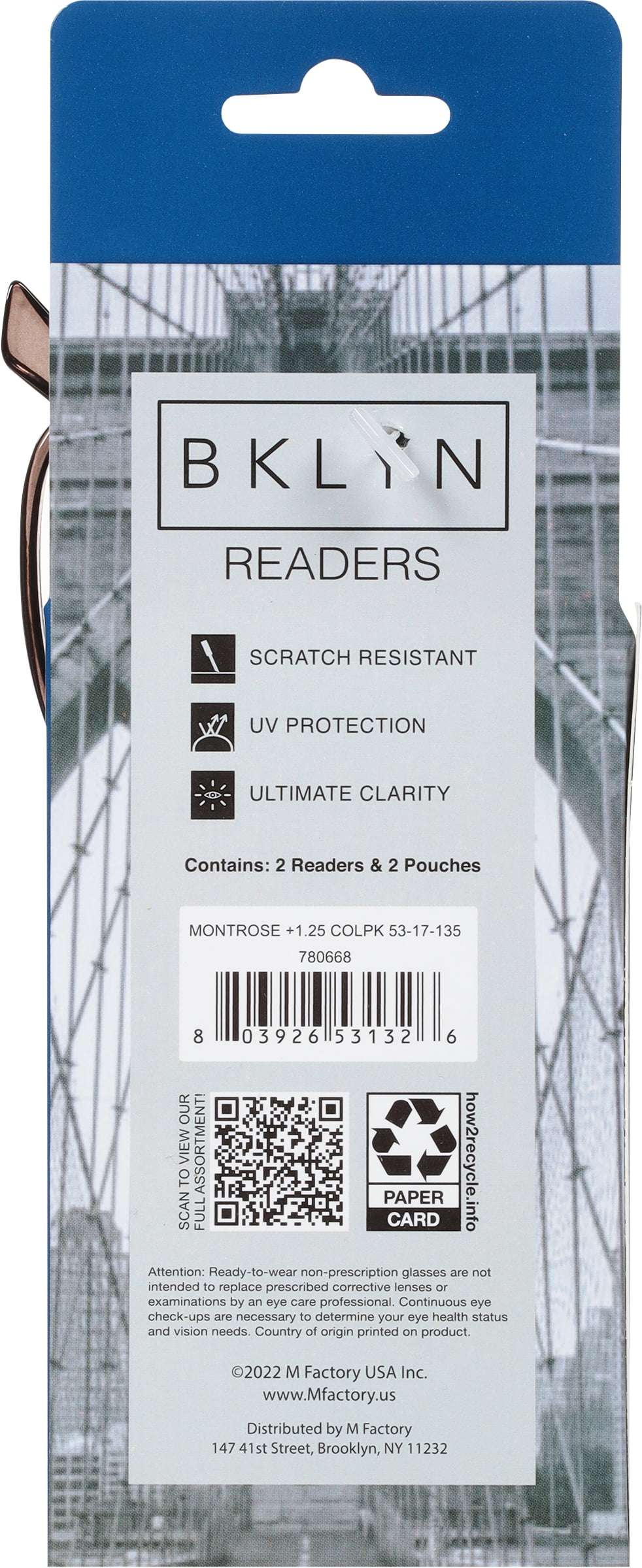(2 pack) Bklyn, Montrose +1.25, Adult, Mens, Plastic Reading Glasses & Pouches Value Pack , 2 Ea