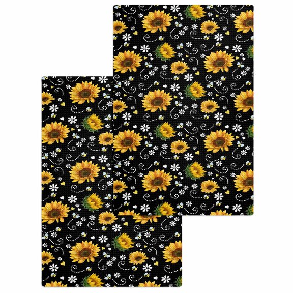 Black Yellow Sunflower Kitchen Dish Towels for Drying Dishes Set of 2, Summer Botanical Farmhouse Floral Waffle Weave Microfiber Hand Tea Bathroom Towels Quick Dry & Absorbent Towel 15.7x23.6